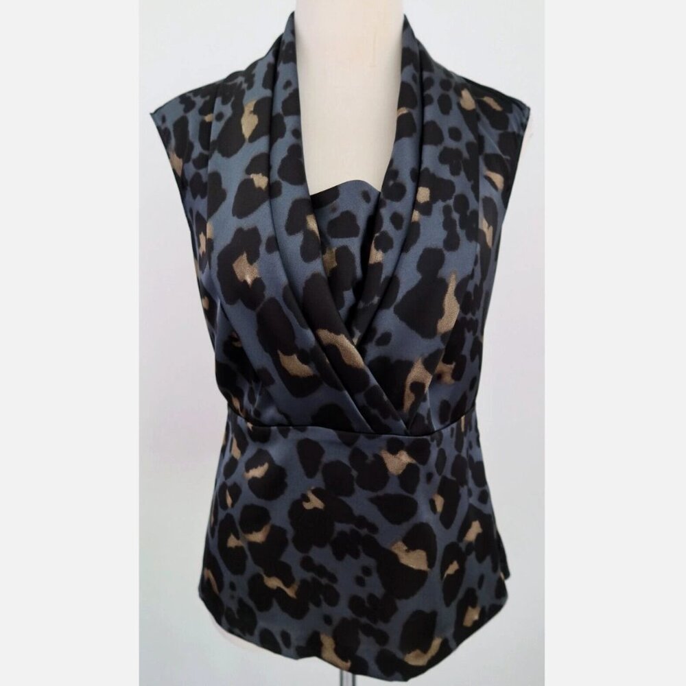 Ann Taylor Sleeveless Peplum Animal Leopard Print Surplice Top Gray, Black, Tan